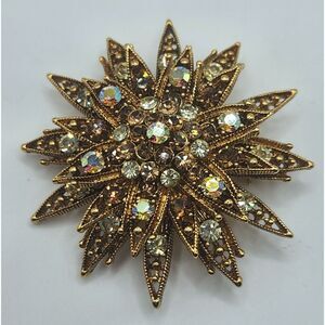 Vintage Starburst Layered Brooch Pin 2" Openwork Millgrain AB & Topaz Rhinestone